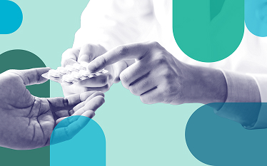 Close-up of two hands exchanging a medical item, possibly a thermometer or test device, against a stylised abstract background in shades of blue and green.