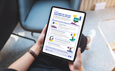 Person holding a tablet displaying an illustrated digital document titled 'SME Fund 2024,' featuring text, icons, and graphics related to small and medium-sized enterprises.