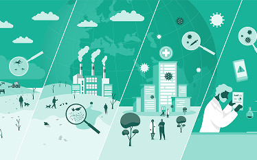 Illustration divided into four panels showing environmental monitoring: people in nature, factory emissions, urban air quality, and a scientist analysing samples.