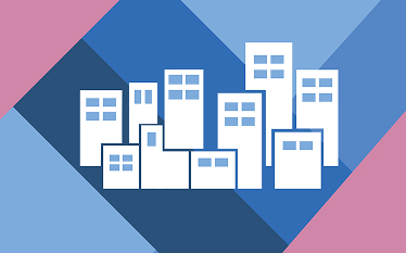 Stylised icon of white buildings on a geometric background with shades of blue and pink, representing an urban cityscape.