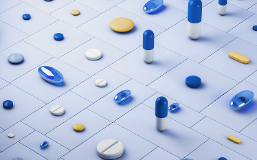 Abstract illustration of pills and capsules arranged on a grid, representing medicines within the EU regulatory network strategy