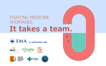 Banner with the text “Fighting medicine shortages – It takes a team.” featuring a stylised realy track in the shape aof a pill and the logos of EMA and partner organisations