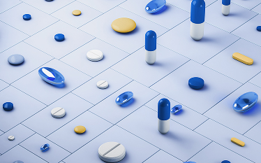 Abstract illustration of pills and capsules arranged on a grid, representing medicines within the EU regulatory network strategy