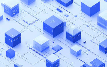 Abstract blue illustration of interconnected digital blocks and lines, representing technology infrastructure and digital transformation planning