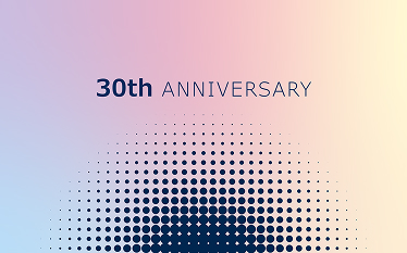 Graphic displaying the text “30th ANNIVERSARY” above a dotted abstract pattern, marking EMA’s 30-year milestone