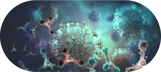 3D-rendered illustration of virus particles and antibodies interacting, symbolising an immune response or medical research.