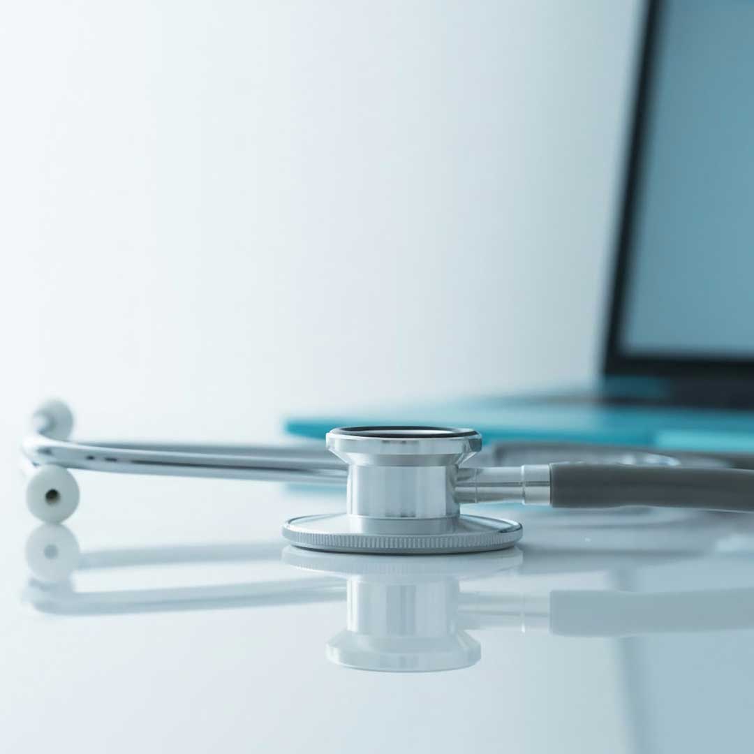 A stethoscope and a laptop placed on a desk