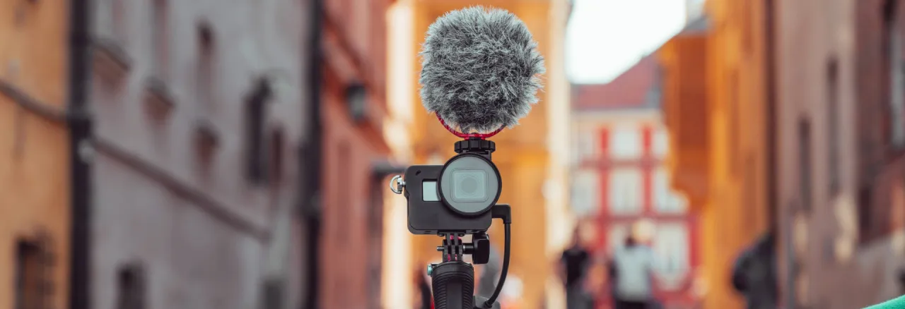hand holding a camera with a microphone