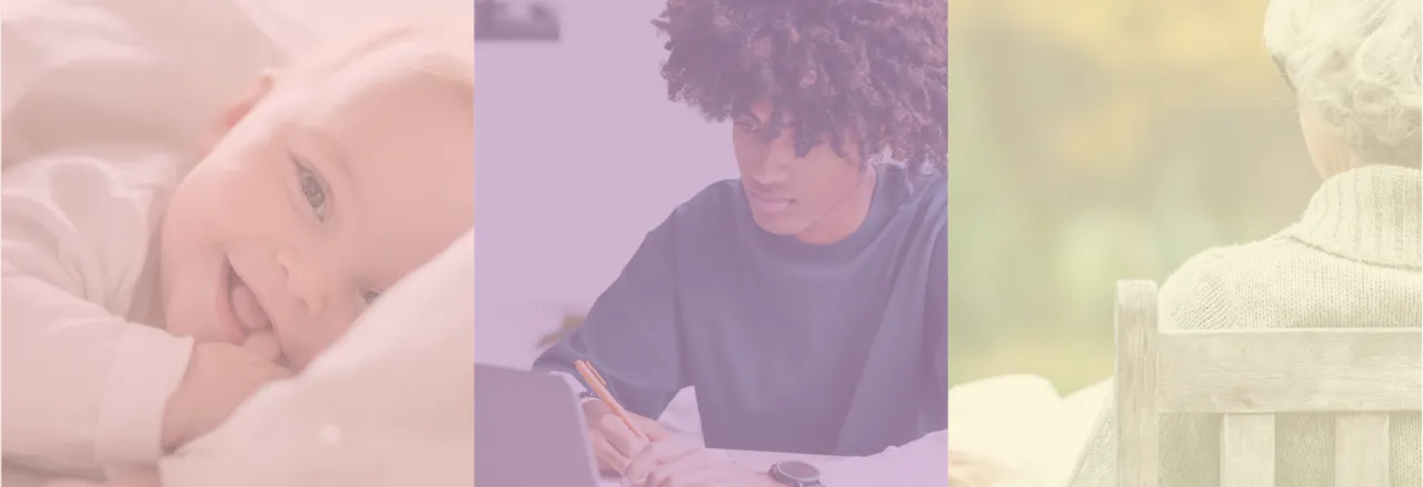 Collage showing a baby, an adult using a laptop, and an older adult, representing people of all ages affected by respiratory syncytial virus (RSV)