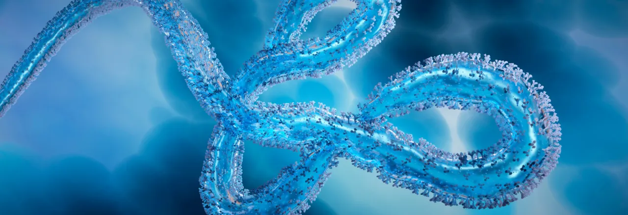 Illustration of a blue, filament-shaped Ebola virus particle twisting against a blurred microscopic background