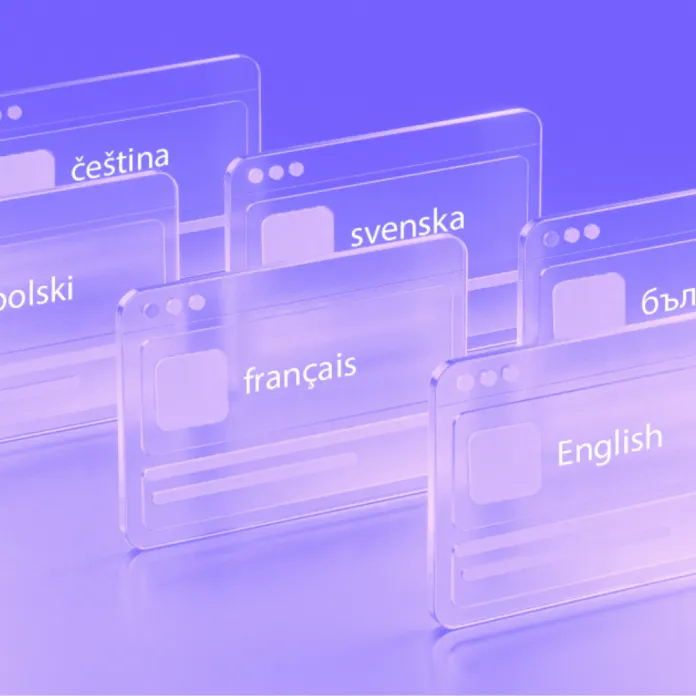 Overlapping browser windows labelled English, français, polski, čeština, svenska, and български, representing multiple language options for machine translation