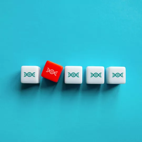 Dice with DNA strings on turquoise background