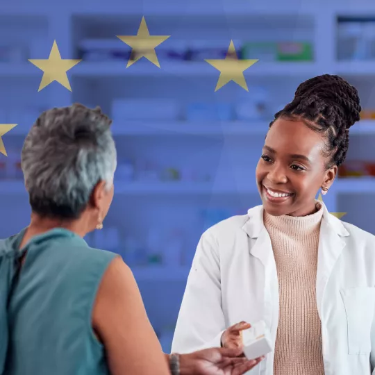 Two female figures discussing, with the EU flag visible in the background