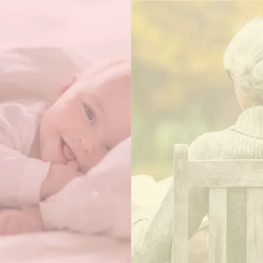 Baby smiling at the camera while lying in bed and old person sitting on a bench in a park with their back to the camera