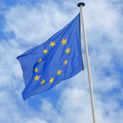 European Union flag with the sky in the background