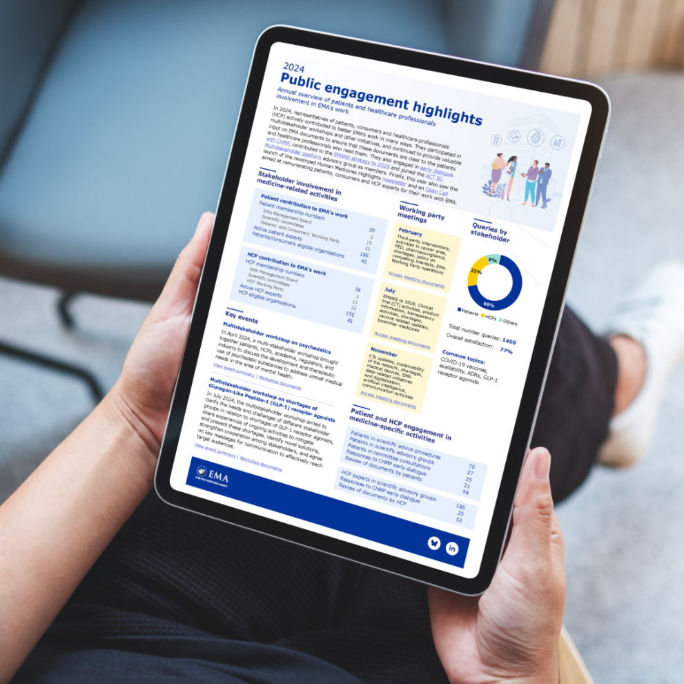Hands holding tablet showing EMA's Public engagement highlights